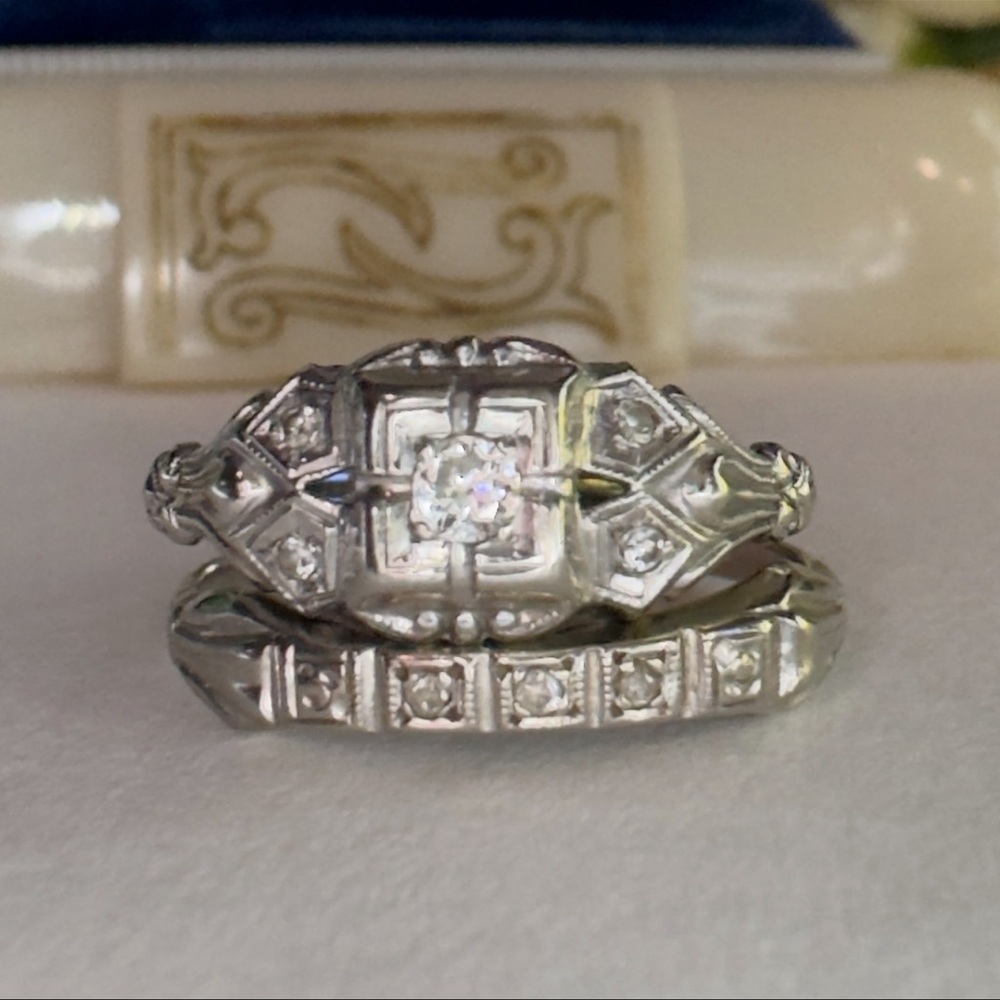 Antique 14K Gold Diamond Engagement Ring & Wedding Band 10K Gold Estate Art Deco - Picture 5 of 14